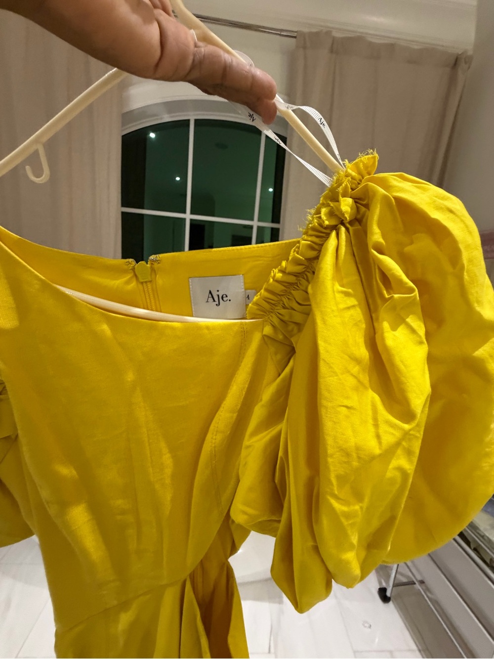 Aje Yellow Puff-Sleeve Dress with Ruched Shoulder